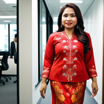 **A Malaysian woman confidently walking into a job interview wearing a vibrant red baju kurung, symbolizing courage and confidence. The background is a modern office setting.** (Focus: Color of clothing, confidence, Malaysian cultural context)