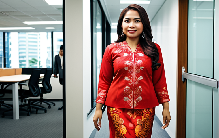 **A Malaysian woman confidently walking into a job interview wearing a vibrant red baju kurung, symbolizing courage and confidence. The background is a modern office setting.** (Focus: Color of clothing, confidence, Malaysian cultural context)